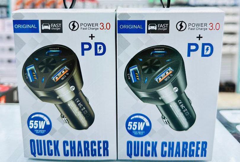 شارژر فندکی فوق سریع 55 وات 3 پورت (QC 3.0 + PD) – شارژ همزمان 3 دستگاه در اتومبیل